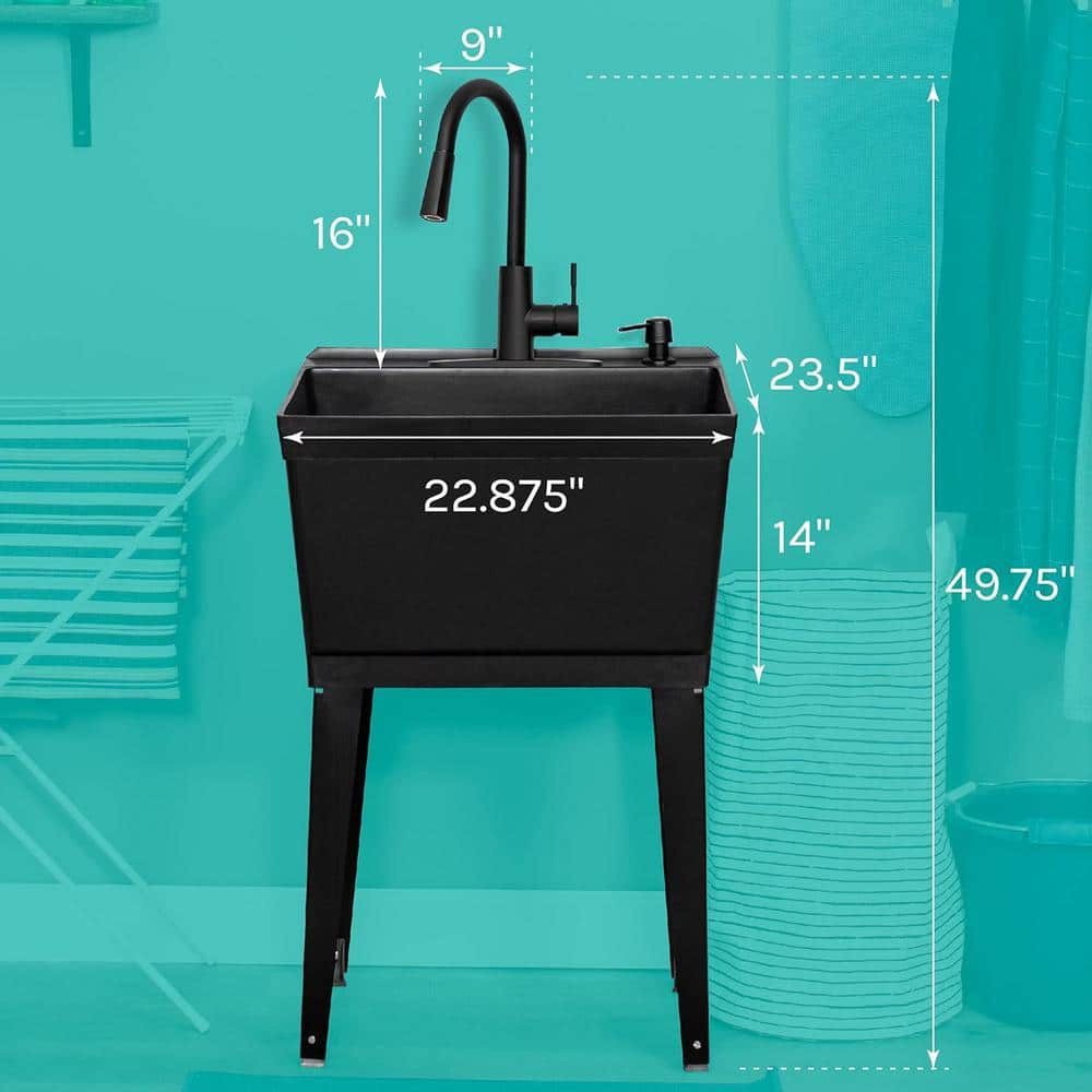 Black Thermoplastic Freestanding Utility Sink with High-Arc Faucet
