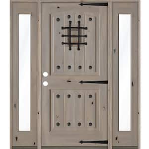 58 in. x 80 in. Mediterranean Knotty Alder Right-Hand/Inswing Clear Glass Grey Stain Wood Prehung Front Door w/DFSL