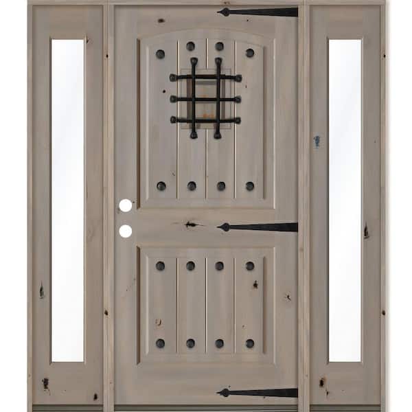 Krosswood Doors 64 in. x 80 in. Mediterranean Knotty Alder Right-Hand/Inswing Clear Glass Grey Stain Wood Prehung Front Door w/DFSL