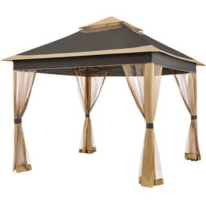 11 ft. x 11 ft. Brown 2-Tier Pop-Up Gazebo, Metal Frame with Mesh Netting for Patio and Backyard