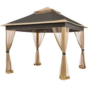 11 ft. x 11 ft. Brown 2-Tier Pop-Up Gazebo, Metal Frame with Mesh Netting for Patio and Backyard