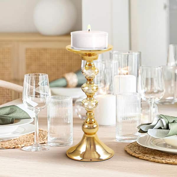 11 in. Gold Diamond Gem Crystal Candlestick Pillar Candle Holder