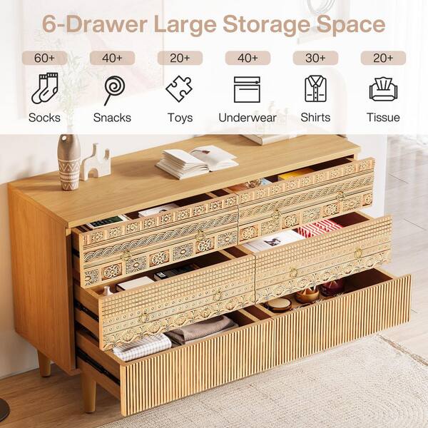 BYBLIGHT Helotes Oak 6-Drawers 47.24 in. W Chest of Drawers