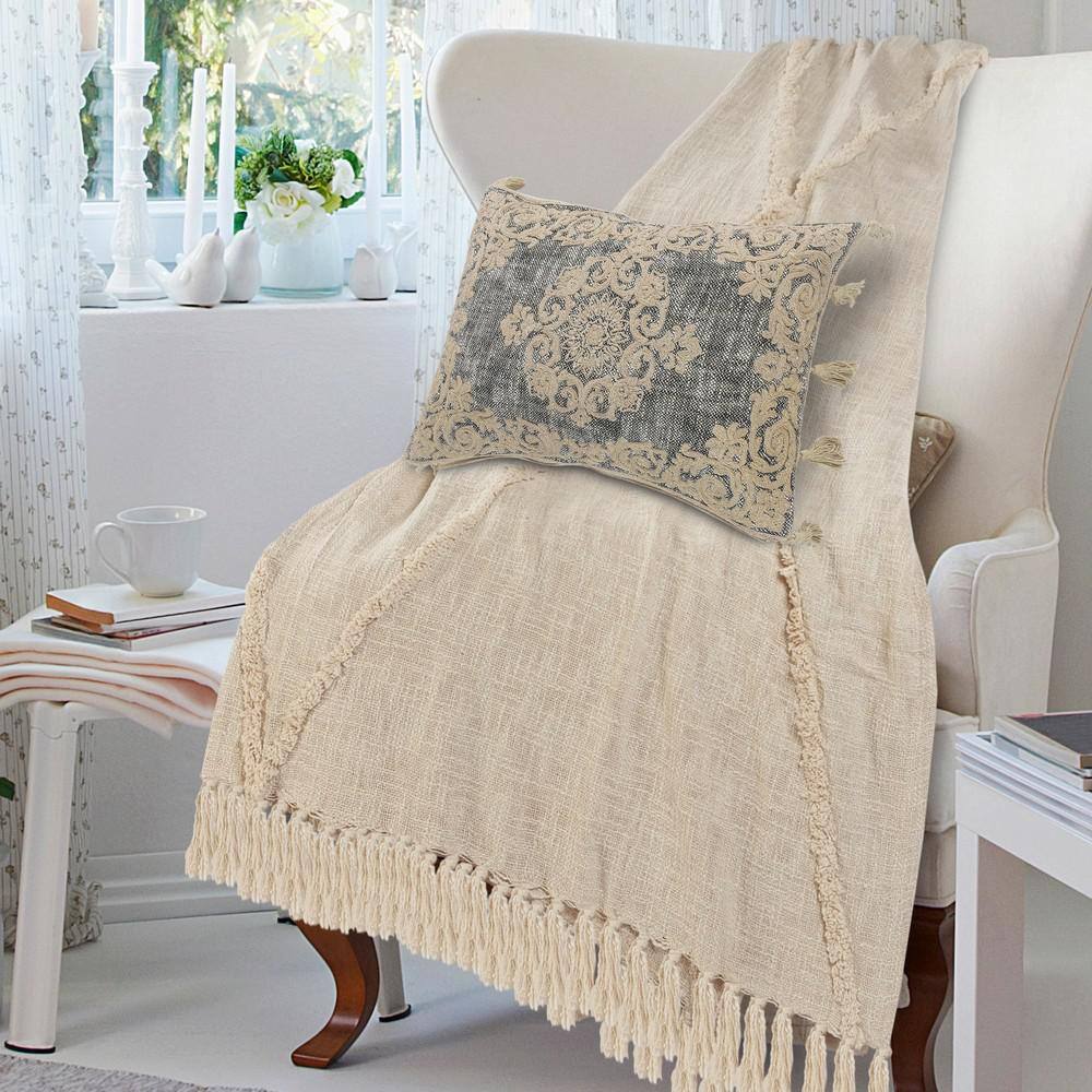 Gray and Beige Embroidered Rectangular Lumbar Pillow