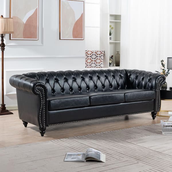 Diane 84.65 in. Rolled Arm Faux Leather Upholstered Rectangle Sofa in. Black
