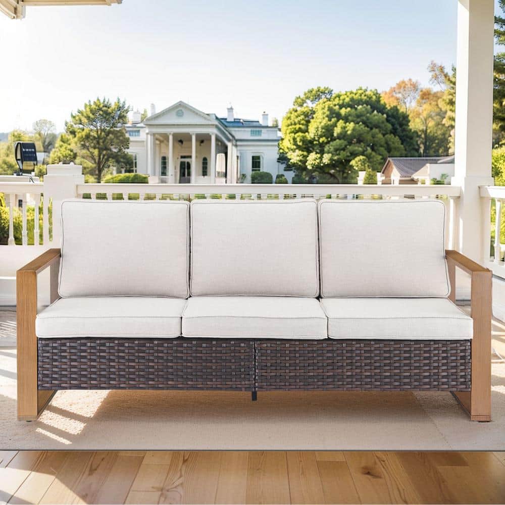 Brown Wicker and Steel Outdoor 3-Seat Sectional Sofa with Beige Cushions