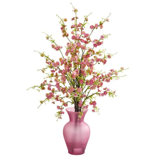 Nearly Natural Indoor Cherry Blossom Artificial Arrangement in Rose Vase