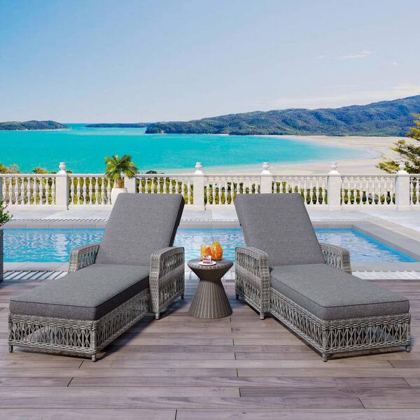Wicker Outdoor Chaise Lounge with Grey Cushions