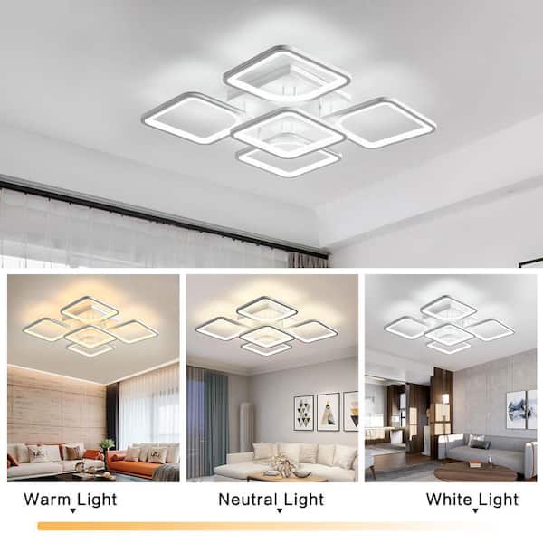 OUKANING 23.6 in. 1 Light White Square Shape Geometric Design Selectable LED Semi Flush Mount Ceiling Light with Remote HG HCXLST 4667