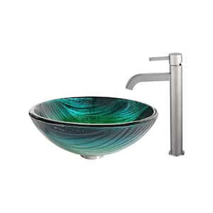 Nei Glass Vessel Sink in Green with Ramus Faucet in Satin Nickel