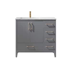 Sutton 36 in. Bath Vanity in Gray with Carrara Marble Vanity Top in White with White Basin