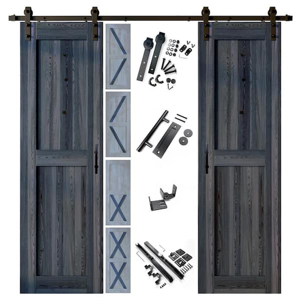 HOMACER 26 in. x 80 in. 5 in. 1 Design Navy Double Pine Wood Interior Sliding Barn Door Hardware Kit, Non-Bypass