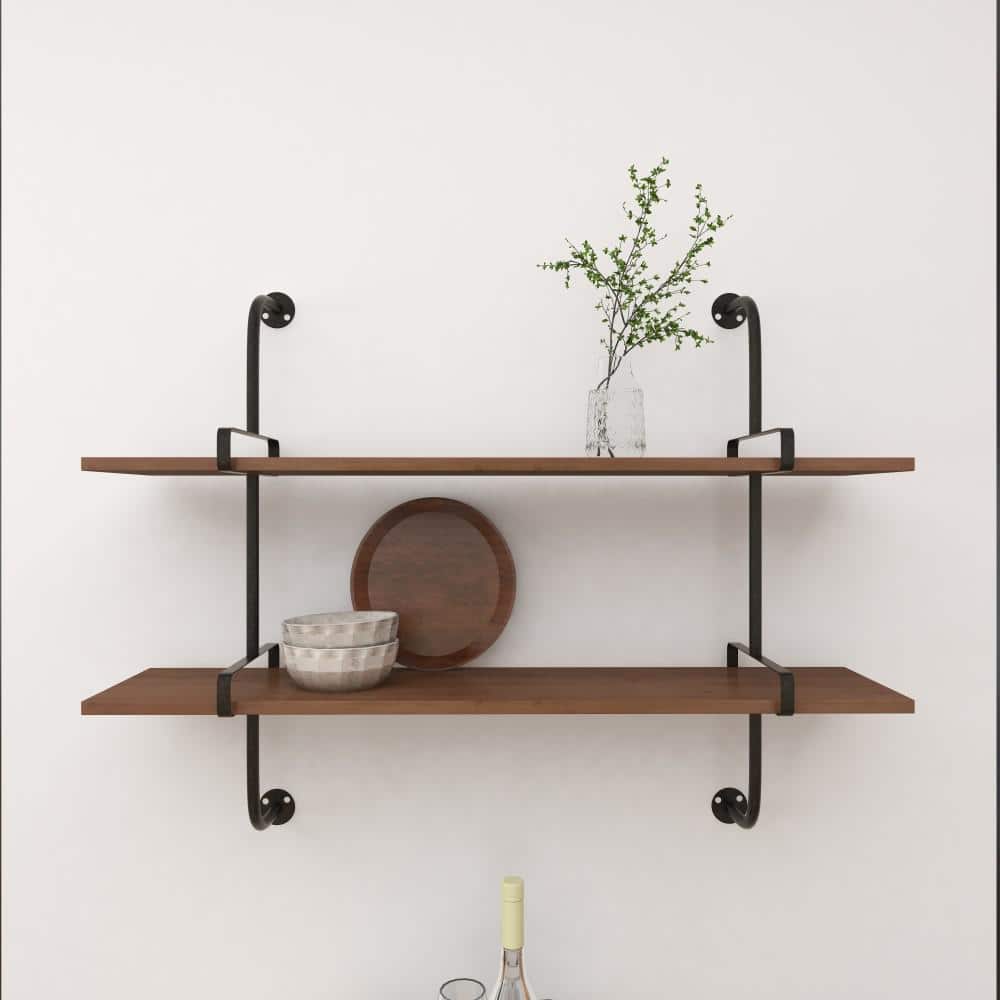 Brown Iron and Fir Wood 2-Tier Wall Shelf, 37" x 29"
