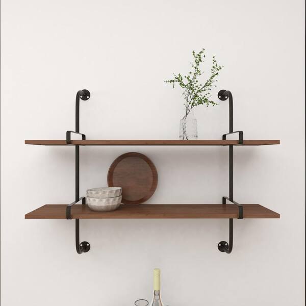 Litton Lane 37 in. x 29 in. Brown 2 Level Wood Wall Shelf