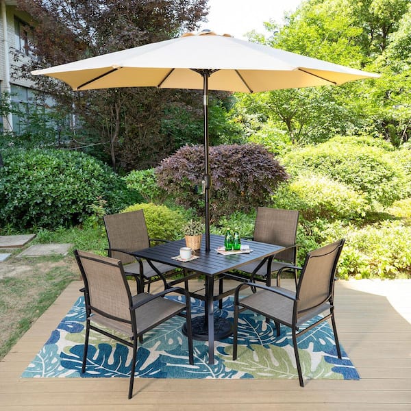 PHI VILLA Black 6-Piece Metal Slat Round Table Patio Outdoor