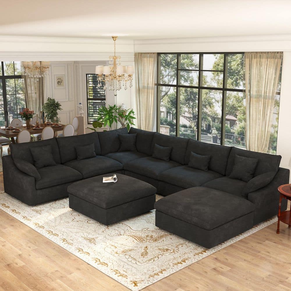 156 in. Oversized Square Arm 8-Piece Linen Down Deep Seat U Shape Free Combination Sectional Sofa with Ottoman in Black