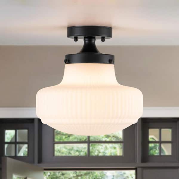 Lucie 11 in. 1-Light Schoolhouse Traditional Black Semi-Flush Mount Ceiling Light with Ribbed Opal Milk Glass Shade