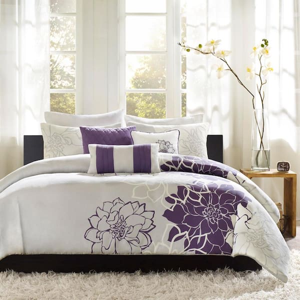Madison Park Brianna Taupe Grey/Purple Cotton Full/Queen Duvet Cover Set