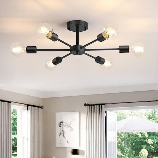 21.4 in. Round Matte Black Flush Mount Ceiling Light with 6 E26 Base for Living Room, Dining Room (Bulb Not Included)