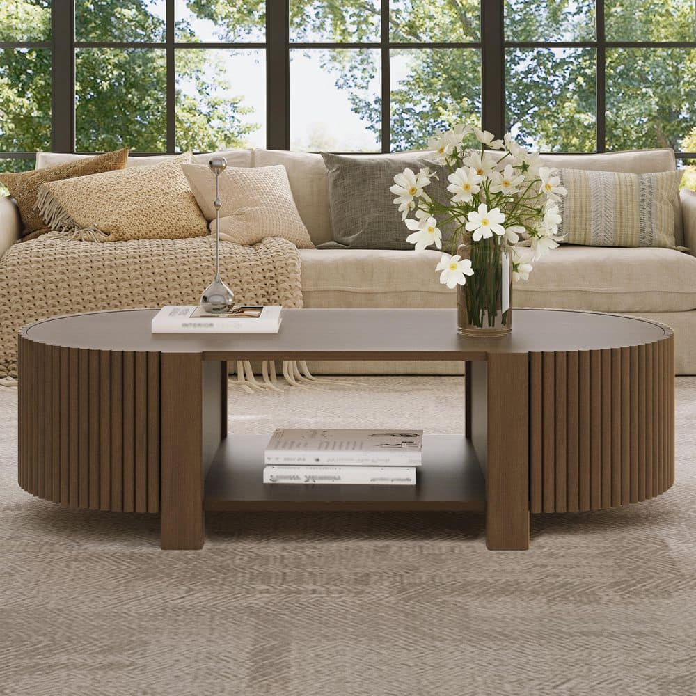 Polibi 47 in. Walnut Round Rubber Wood Coffee Table with Rubber