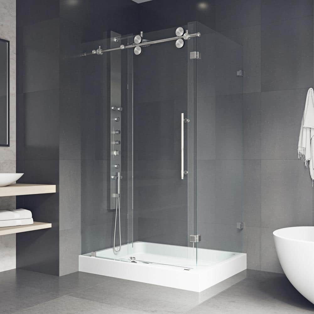 Winslow 46" Black Frameless Sliding Shower Enclosure with Clear Glass