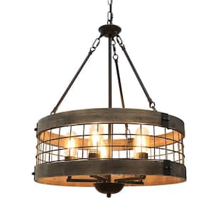 19 in. 5-Light Brown Farmhouse Chandelier Island Pendant Light with Wood Cage
