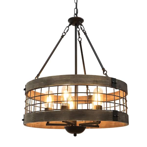 19 in. 5-Light Brown Caged Farmhouse Drum Island Chandelier with Wood Accents