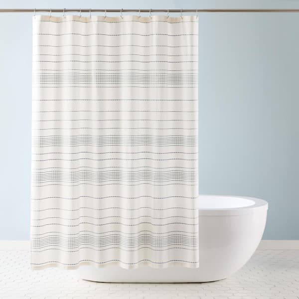 TOWN & COUNTRY LIVING Solana Woven Cotton Stripe 70 in. x 72 in. Shower Curtain White/Aqua Blue