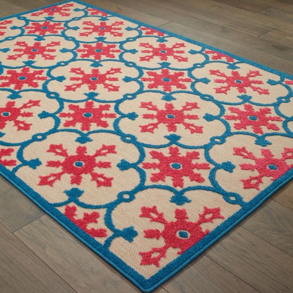 Blue, Beige 4 ft. x 5 ft. Loomed Oriental Polypropylene Rectangle Indoor/Outdoor Area Rug