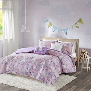 Ella 5-Piece Pink Full/Queen Unicorn Cotton Comforter Set