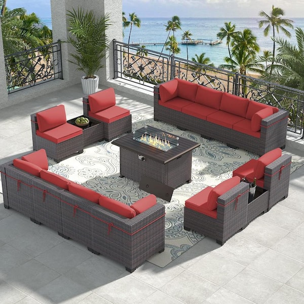 Halmuz 15-Piece Wicker Patio Conversation Set with 55000 BTU Gas Fire Pit Table and Glass Coffee Table and Cushions Red