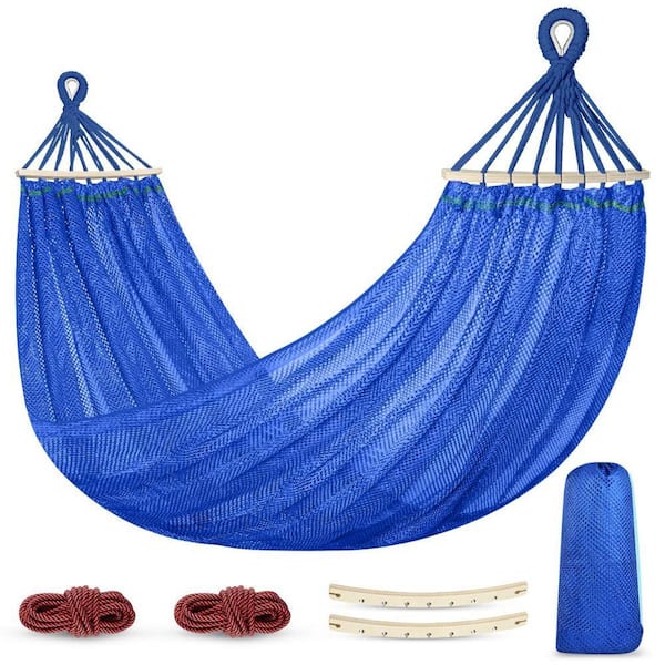 9.5 ft. Portable Breathable Mesh Nylon Hammock Bed with Balance Beam, Tree Ropes and Storage Bag in Blue