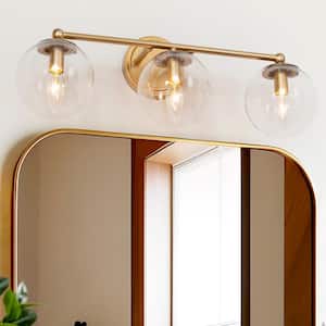 Mid-Century Modern Globe Bathroom Vanity Light 3-Light Brass Gold Round Wall Light with Clear Glass Shades