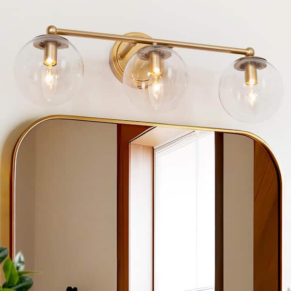 Uolfin Mid-Century Modern Globe Bathroom Vanity Light 3-Light Brass Gold Round Wall Light with Clear Glass Shades