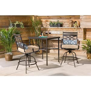 Montclair 3-Piece Metal Outdoor Bar Height Dining Set with Country Cork Cushions, Swivel Rockers and Table