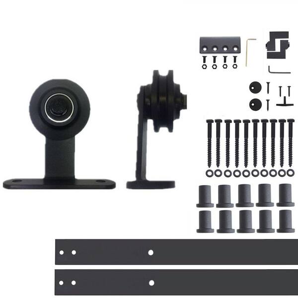 HOMACER 14 ft./168 in. Black Rustic Non-Bypass Sliding Barn Door Hardware Kit T-Shape Design Roller for Single Door