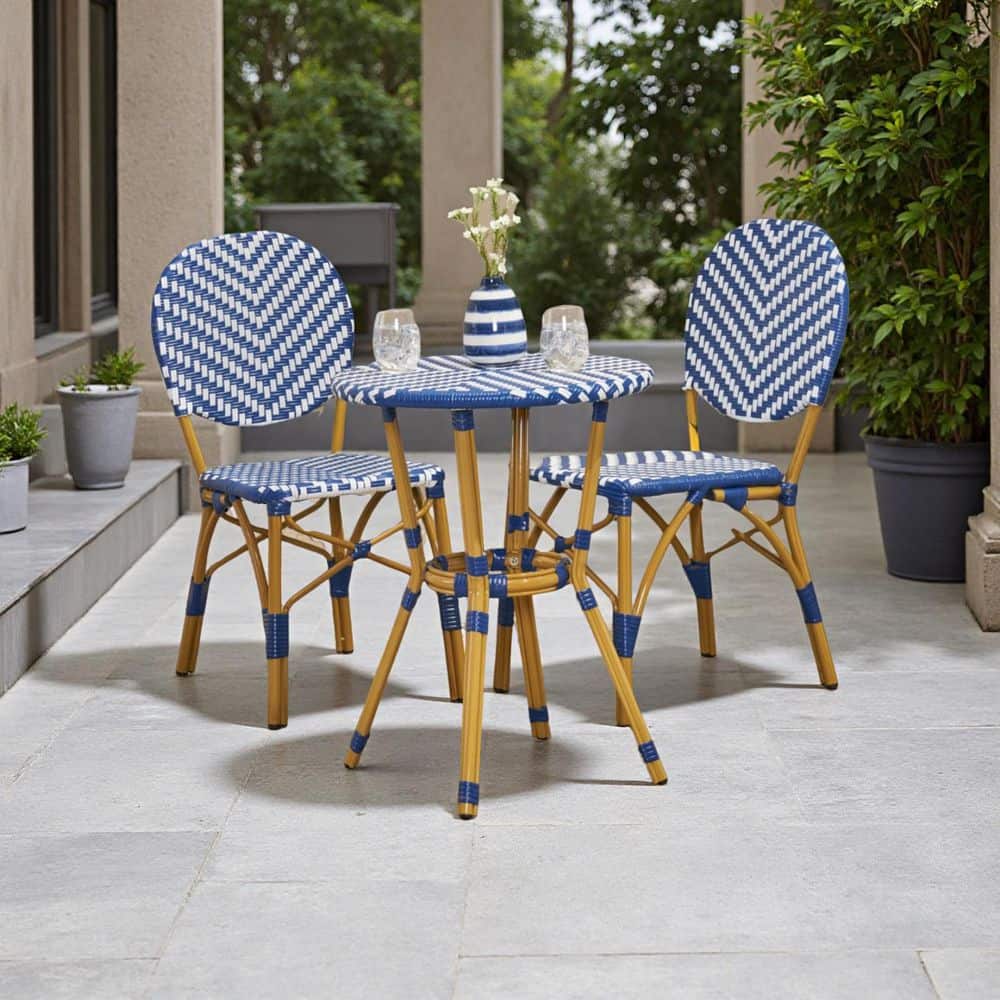 3-Piece French Wicker Outdoor Bistro Set with Round Table and 2-Dining Chairs,Aluminum Furniture Armless, Navy and White