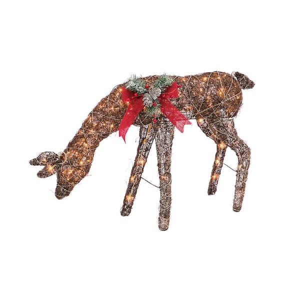 25 in. Electric Lighted Vine Feeding Doe with Red Bow and Pinecone Accent