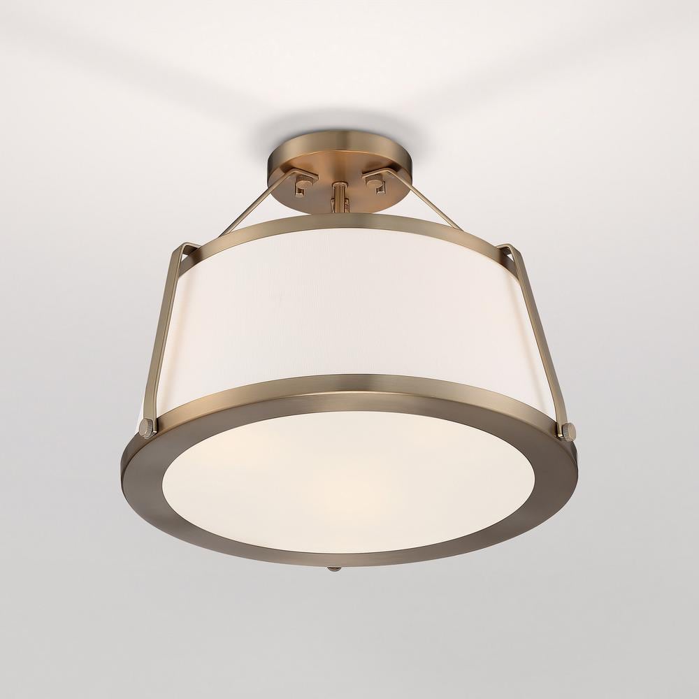 Cutty 3-Light Semi-Flush Mount in Burnished Brass with White Fabric Shade