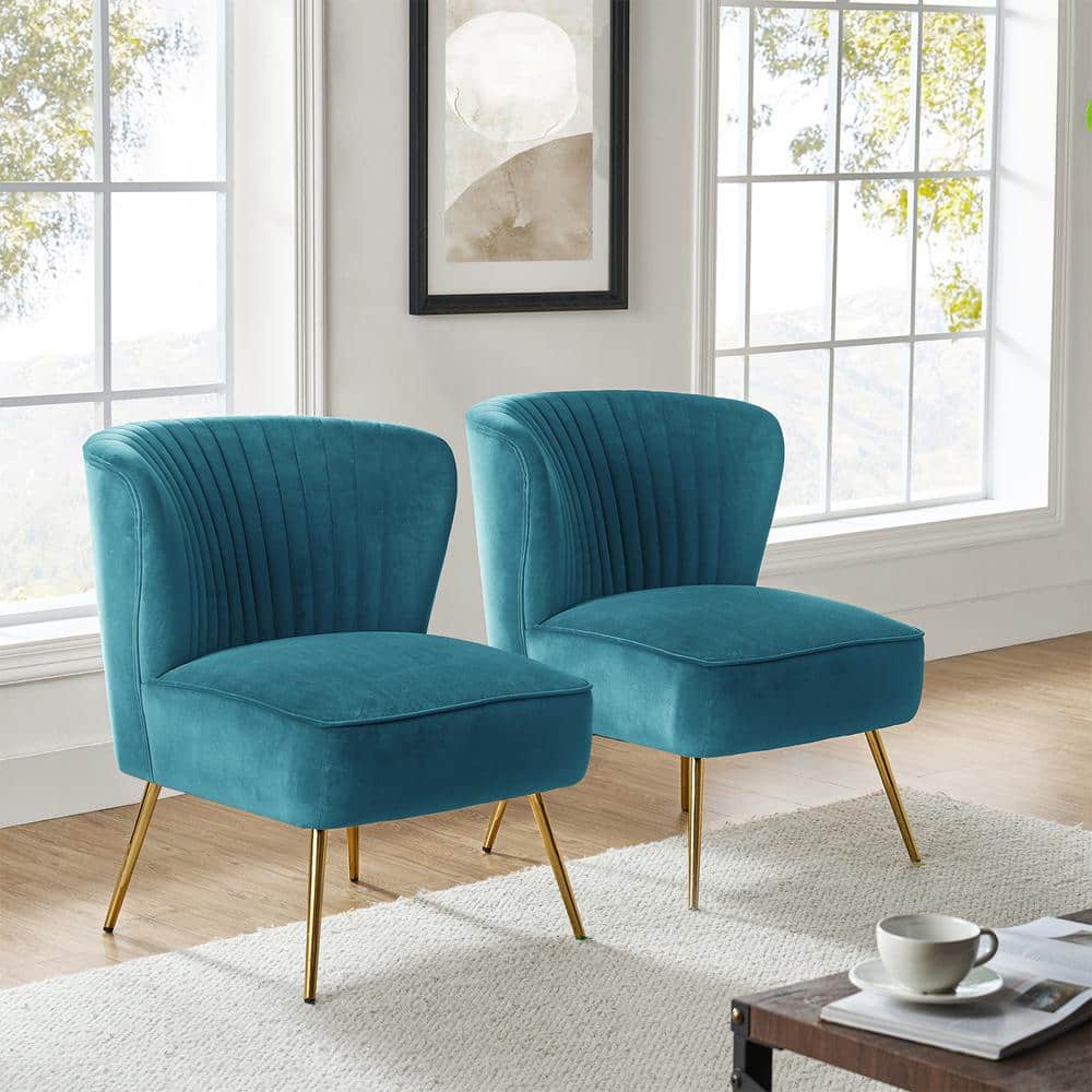 Elegant Blue Velvet Accent Chair Set with Gold Legs
