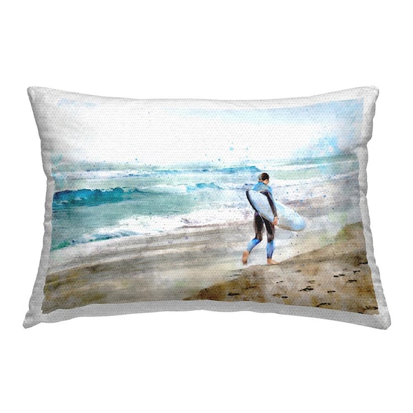 Stupell Industries Surfer on Shoreline Blue Rectangular Outdoor Throw Pillow
