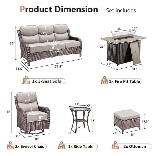 MoonLuxe Brown Wicker Fire Pit Conversation Set with Beige Olefin 6 in. Thick Cushions Patio Swivel Chairs (7-Piece)