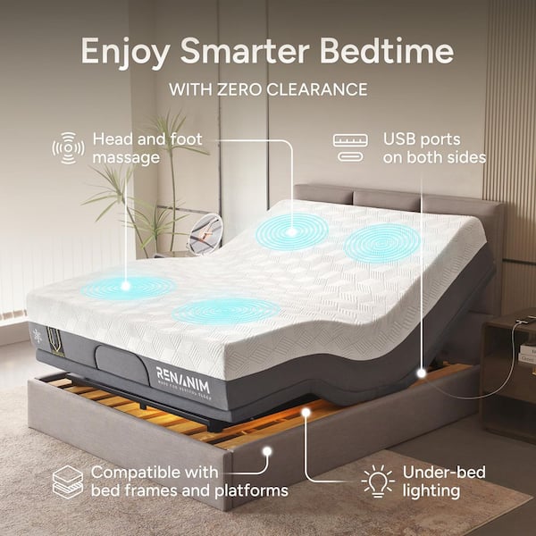 Gray Split-King Adjustable Bed Frame with 14 in. Cooling Gel Memory Foam Mattress, Massage, USB, Under-Bed Light, Remote