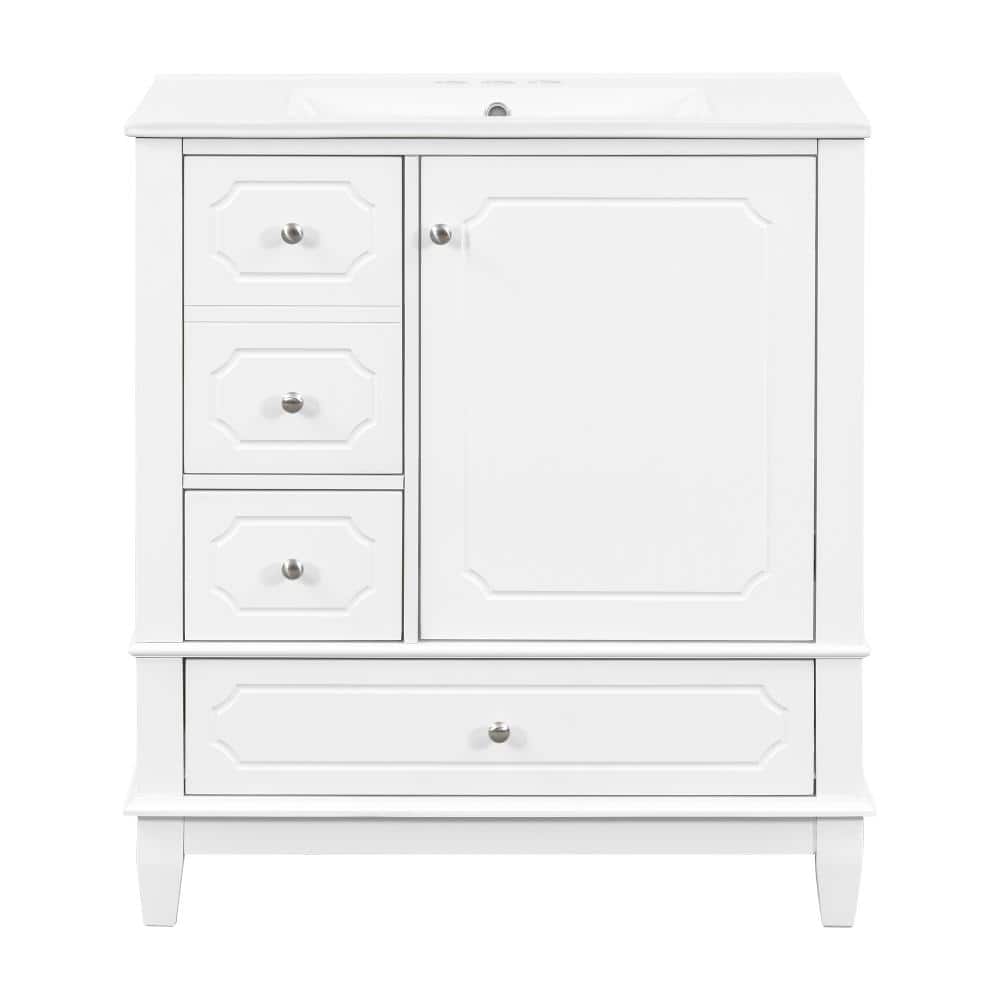 30 in. Single Sink Freestanding White Bath Vanity with White Ceramic Top Unassembled