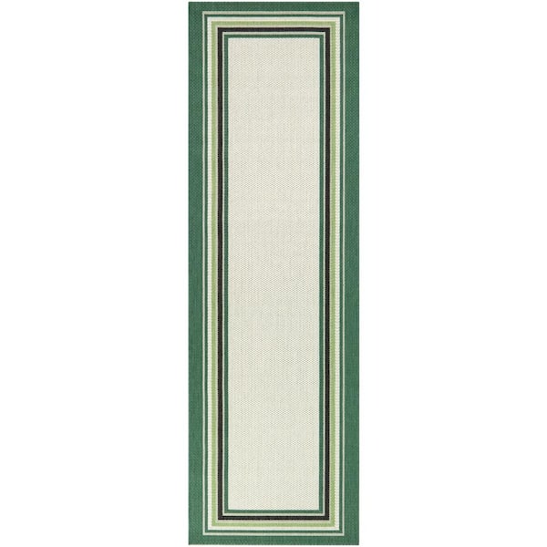 Hampton Bay Green 2 ft. x 7 ft. Runner Striped Border Indoor/Outdoor Area Rug