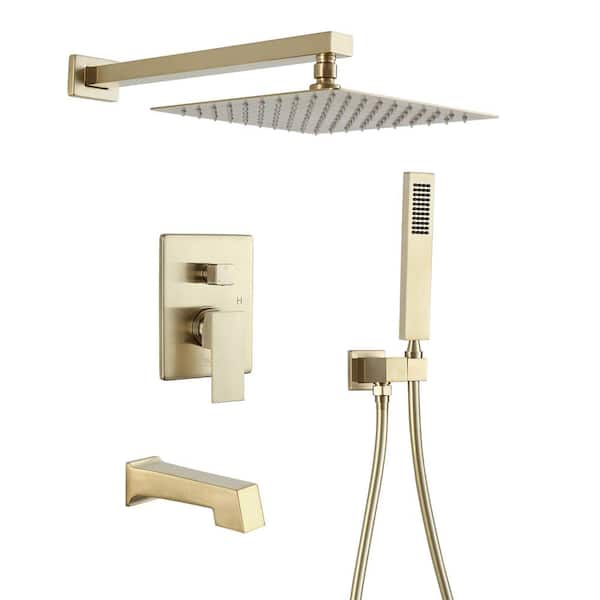 Mondawe 3 Outlets 1-Spray Patterns P-Balanced Shower Faucets Set with 2.5 GPM 10 in. Wall Mount Dual Shower Heads in PVD Gold
