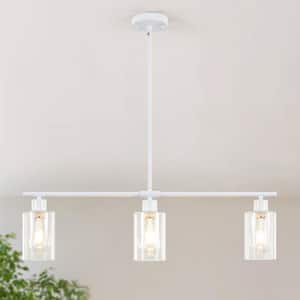 3-Light White Industrial Linear Chandelier with Glass Shades for Kitchen Island with No Bulbs Included