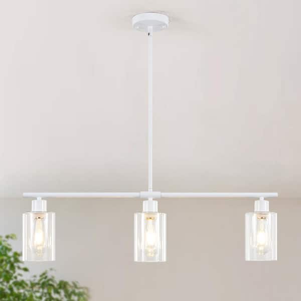 ZJVAIVE 3-Light White Industrial Linear Chandelier with Glass Shades for Kitchen Island with No Bulbs Included