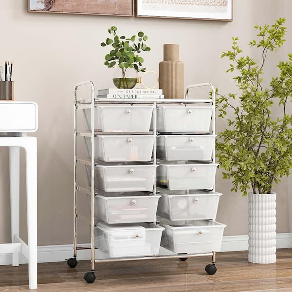 10-Drawer 4-Wheeled Plastic Storage Cart Utility Rolling Trolley Kitchen Office Organizer in Clear