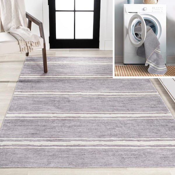 Bande Distressed Ticking Stripe Machine-Washable Lavender/Ivory 9 ft. x 12 ft. Area Rug